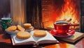 Oil painting of a cup of warm coffee and herbal tea, Christmas cookies and a favorite book, lit Christmas fireplace
