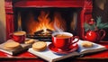 Oil painting of a cup of warm coffee and herbal tea, Christmas cookies and a favorite book, lit Christmas fireplace