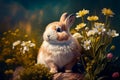 Oil painting of a cute Bunny rabbit sitting amongst flowers in a dreamy garden