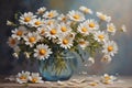 Oil Painting daisies flowers in a vase