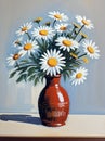 Oil Painting Daisies in a Red Vase