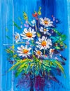 Bouquet of white daisies on a blue background.