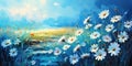 Oil painting daisy flowers in field. Hand paint white flowers gerbera daisy in soft color on green - blue color background