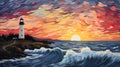Psychedelic Sunset Lighthouse Painting With Panoramic Style