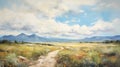Expressive Landscape: Path In The Meadow With Mountains