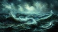 An oil painting depicting a strong storm in the middle of the sea. Sea element