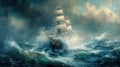 An oil painting depicting a strong storm and shipwreck in the middle of the sea. Sea element