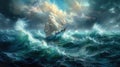 An oil painting depicting a strong storm and shipwreck in the middle of the sea. Sea element