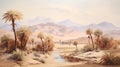 Vintage Oasis Nature Desert Oil Painting With Water And Palm Trees