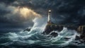 Oil painting: A dramatic stormy seascape, with towering waves crashing against a rugged cliffside, a lighthouse standing tall and