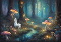 Oil Painting of an Enchanted Forest: Glowing Mushrooms and Mythical Unicorn Horse