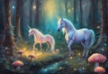 Oil Painting of an Enchanted Forest: Glowing Mushrooms and Mythical Unicorn Horse