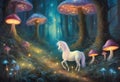 Oil Painting of an Enchanted Forest: Glowing Mushrooms and Mythical Unicorn Horse