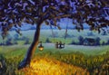 Oil painting Evening rustic landscape, a lantern hanging on a tree, a guy with a girl in love ride on a swing. Green meadows, a li