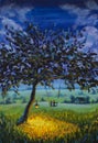 Oil painting Evening rustic landscape, a lantern hanging on a tree, a guy with a girl in love ride on a swing. Green meadows, a li Royalty Free Stock Photo