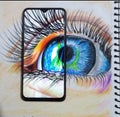 Oil painting of eye and smartphone beautiful combination