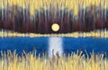 Fantastic abstract landscape with a lake and rising full moon.