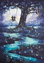 Oil painting fantastic landscape, guy and girl ride on swing, big dark tree, mountains in background