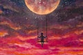 The illustration shows man girl who is riding on swing on big planet in beautiful pink sunset cosmos