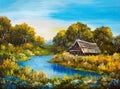 Oil Painting - Farmhouse near the river, river blue, blue sky Royalty Free Stock Photo