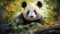 Oil painting of a fat panda against a bamboo forest background