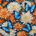 Oil painting featuring blue tropical butterflies on chrysanthemum flowers vibrant blue background Royalty Free Stock Photo