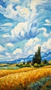Vivid Impressionism: Captivating Wheat Field And Clouds Canvas Painting