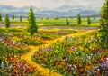 Original oil painting of country road in flowers fields