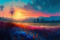 Oil painting flowers, majestic landscape background