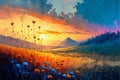 Oil painting flowers, majestic landscape background