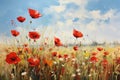 oil painting of flowers poppies in the meadow in sunny day Royalty Free Stock Photo