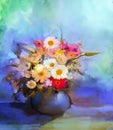 Oil painting flowers in vase. Hand paint still life bouquet of White,Yellow and Orange Sunflower, Gerbera, Daisy flowers Royalty Free Stock Photo