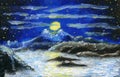 Oil Painting. Full moon in the mountains Royalty Free Stock Photo