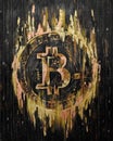 Oil painting golden bitcoin. modern pop cryptoart. bitcoin symbol drawing