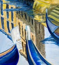 Oil painting gondola details on canal in Venice with houses reflecting in water.