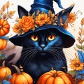 Oil painting Halloween black cat wearing a witch hat staring boldly