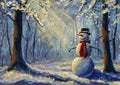 Oil painting happy snowman