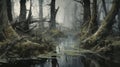 Eerily Realistic Swamp Painting With Twisted Branches And Fog