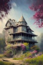 oil painting house with vintage effect. Wall canvas digital art