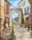 Oil painting Italian courtyard. Italian old street painting. Oil art arch