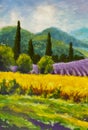 Art creative process. Artist create painting Italian summer countryside. Tuscany. Field of red poppies, a field of yellow rye. Rur Royalty Free Stock Photo