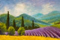 Lavender purple field painting. Italian summer countryside. French Tuscany. Field of yellow rye. Rural houses and high cypress tre