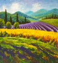 Lavender purple field painting. Italian summer countryside. French Tuscany. Field of yellow rye. Rural houses and high cypress tre Royalty Free Stock Photo