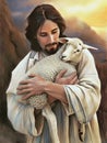 Oil painting of Jesus recovered the lost sheep carrying it in arms