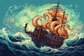 Oil painting of kraken that is in old style fairy tale. Beautiful illustration picture. Generative AI