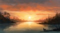 Oil Painting Of Lagoon At Sunrise In Adele\'s Style Royalty Free Stock Photo