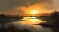 Oil Painting Of Lagoon At Sunrise In Adele\'s Style Royalty Free Stock Photo