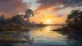 Oil Painting Of Lagoon At Sunrise In Halsey Style Royalty Free Stock Photo