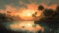 Oil Painting Of Lagoon At Sunrise In Halsey Style Royalty Free Stock Photo