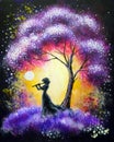 Oil painting landscape, abstract colorful purple tree